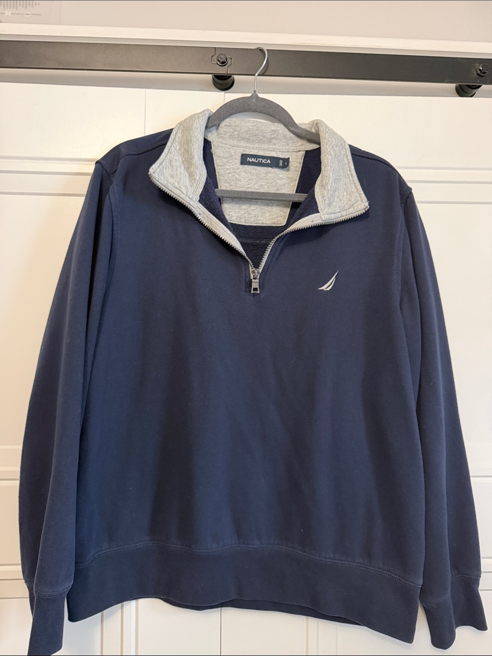 Nautica Men’s Navy Quarter Zip Sweatshirt with Light Gray Collar